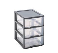 SUNDIS Tag Tower, petite tour de rangement en plastique gris, 3 tiroirs transparents format A5, hauteur 25,5 cm, superposable, idéale rangement cosmétiques, bijoux, accessoires, fournitures