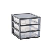 SUNDIS Tag Tower, petite tour de rangement en plastique gris, 3 tiroirs transparents format A6, hauteur 17 cm, superposable, idéale rangement cosmétiques, bijoux, accessoires, fournitures
