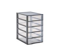 SUNDIS Tag Tower, petite tour de rangement en plastique gris, 5 tiroirs transparents format A6, superposable, idéale rangement cosmétiques, bijoux, accessoires, fournitures