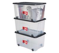 Sundis Ventilo, lot de 3 boîtes de rangement avec couvercle et roues 50l, en plastique transparent, superposables et empilables, idéales pour ranger la chambre, les jouets, le bureau, le linge - noir