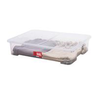 SUNDIS View Box, boîte de rangement avec roues et couvercle, 50l, en plastique transparent, superposable et empilable, idéale pour ranger sous le lit