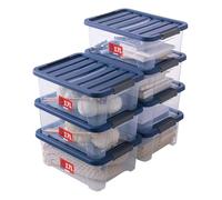 SUNDIS Wave Box, lot de 7 boîtes de rangement avec couvercle clipsable 17l, en plastique transparent, superposables et empilables, idéales pour ranger la chambre, le dressing, le bureau