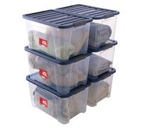 SUNDIS Wave Box, lot de 6 boîtes de rangement avec couvercle clipsable 45l, en plastique transparent, superposables et empilables, idéales pour ranger la chambre, le bureau, le grenier, le garage