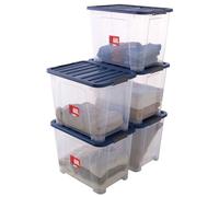 SUNDIS Wave Box, lot de 5 boîtes de rangement avec couvercle clipsable 60l, en plastique transparent, superposables et empilables, idéales pour ranger chambre, jouets, bureau, grenier ou garage