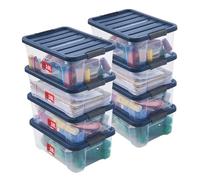 SUNDIS Wave Box, lot de 8 boîtes de rangement avec couvercle clipsable 10l, en plastique transparent, superposables et empilables, idéales pour la chambre, le dressing, les chaussures, le bureau
