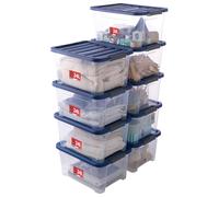 SUNDIS Wave Box, lot de 9 boîtes de rangement avec couvercle clipsable 24l, en plastique transparent, superposables et empilables, idéales pour ranger la chambre, le dressing, le bureau, la buanderie