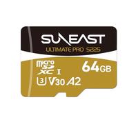 SUNEAST Ultimate Pro Gold Carte mémoire microSDXC 64 Go S225 V30 A2 C10 DDR225 UHS-I Lecture : 208 Mo/s Écriture : 100 Mo/s pour caméras d'action/Drones/dashcam