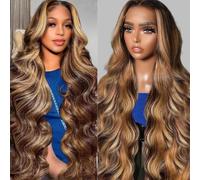 Sunelk Perruque de cheveux naturels ondulés blond miel ombré de 76,2 cm, densité 200, mèches 4/27, 33 x 15,2 cm, sans colle, cheveux naturels pré-épilés HD avec dentelle frontale