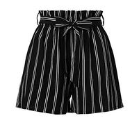 Sunenjoy Shorts Femmes Rayé Short de Jambe Large Pantalon Courte Taille Haute Été Casual Pantalons de Plage (L, Noir)