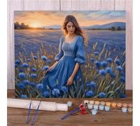 Suneve Peinture par Numéros pour Adultes Femme Fleur Bleue sans Cadre Kits de Peinture au Numéro avec Peinture Acrylique et 3 Pinceaux pour Décoration de la Maison - 30x40cm