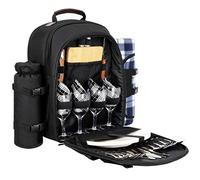 Sunflora Sac à dos de pique-nique pour 4 personnes avec couverture et panier de pique-nique pour 2 personnes avec pochette isotherme pour vin pour famille et couples (noir)