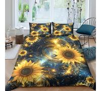 Sunflower galaxy Linge de Lit Microfibre 3 Pièces Imprimé en 3D Facile d'entretien Cosmic floral design Housse de Couette avec Taie d'oreiller Hypoallergique for Chambre Enfants Single（140x200cm）