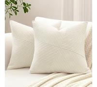 Sungeek Lot de 2 housses de coussin décoratives carrées douces en velours côtelé uni et texturé à rayures pour canapé, lit, canapé, 45 x 45 cm, blanc crème