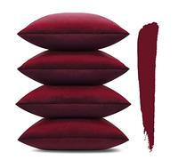 Sungeek Lot de 4 housses de coussin décoratives carrées solides en velours doux avec fermeture éclair invisible pour canapé, voiture, terrasse, chambre à coucher, salon - 40 x 40 cm - Bordeaux