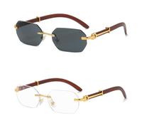 Sunglasses, Vintage Rectangle Sunglasses, Irregular Small Square Wood Frame Shades Gold Polygonal UV400 Rimless, Noir/blanc