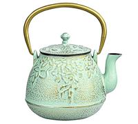 Sungmor Théière en fonte japonaise avec infuseur pour thé en vrac - Passe sur la cuisinière - Revêtement intérieur émaillé - 950 ml - Vert clair avec motif feuille de salix