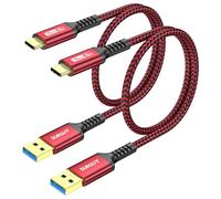 SUNGUY USB C Câble, USB 3.0 USB-A vers USB-C 10 Gbit/s Câble en Nylon Tressé de Type-C Compatible avec iPhone 17/16/15 Pro Max, Galaxy S24 S23 S22, Android Auto - Rouge, 0.5m, 2Paquet