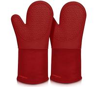 Sungwoo Lot de 2 gants de cuisine extra longs en silicone résistants à la chaleur avec doublure matelassée antidérapante texturée pour barbecue, pâtisserie, cuisine et grillades Rouge empire 36 cm