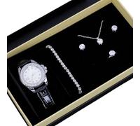 SUNHOHI Montre Femme 5 Pièces Montre & Bijoux Montre à Quartz Analogique avec Collier, Bracelet Boucles d'oreilles & Bague Coffret Cadeau (4 Thèmes Couleurs), L, Perle synthétique, Zircon