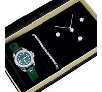 SUNHOHI Montre Femme 5 Pièces Montre & Bijoux Montre à Quartz Analogique avec Collier, Bracelet Boucles d'oreilles & Bague Coffret Cadeau (4 Thèmes Couleurs), L, Perle synthétique, Zircon