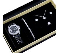 SUNHOHI Montre Femme 5 Pièces Montre & Bijoux Montre à Quartz Analogique avec Collier, Bracelet Boucles d'oreilles & Bague Coffret Cadeau (4 Thèmes Couleurs), L, Perle synthétique, Zircon
