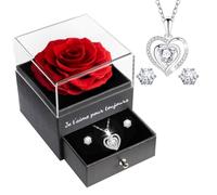Sunia Cadeau Saint Valentin Femme, Rose Eternelle avec Bijoux Argent 925, Collier Coeur Boucles d'oreilles,Coffret Cadeau Femme, Rose Préservée avec Collier, Cadeau Anniversaire Femme, Saint-Valentin