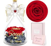 Sunia Cadeau Soeur Noel, Cadeau pour Soeur,Ange Rose Eternelle avec l'inscription Meilleure Soeur du Monde,Ange Figurine en Verre avec Fleur Eternelle,Cadeau Anniversaire Soeur,Ange Gardien Vraie Rose