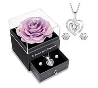 Sunia Rose Eternelle avec Bijoux Argent 925,Collier Coeur Boucles d'oreilles,Coffret Cadeau Femme,Rose Préservée avec Collier,Cadeau Anniversaire Femme,Amour Cadeau,Fete des Meres,Noël,Saint-Valentin