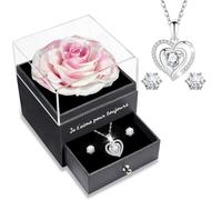 Sunia Rose Eternelle avec Bijoux Argent 925,Collier Coeur Boucles d'oreilles,Coffret Cadeau Femme,Rose Préservée avec Collier,Cadeau Anniversaire Femme,Amour Cadeau,Fete des Meres,Noël,Saint-Valentin