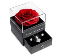 Sunia Rose Eternelle avec Bijoux Argent 925,Collier Coeur Boucles d'oreilles,Coffret Cadeau Femme,Rose Préservée avec Collier,Cadeau Anniversaire Femme,Amour Cadeau,Fete des Meres,Noël,Saint-Valentin