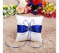 Sunicon Coussin Oreiller Porteur de l'anneau, Décoratifs Oreiller pour Alliances Décorations de l'anneau de Mariage avec Décoration de Bowknot Double Coeur Ruban Accessoires de Mariée (Blue)