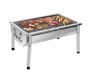 SunJas Barbecue Charbon de Bois INOX Ajustable Barbecue Démontable en Acier Portable BBQ Exterieur Grille sur Pied pour Jardin Pique-Nique Camping