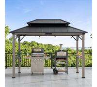 SUNJOY 2,4 x 3,6 m Abri BBQ en Bois avec Prise électrique intégrée, Double Toit, 2 étagères et 5 Crochets, imperméable pour 2 Grills, résistance aux UV et au Vent, permanente pour terrasse, fêtes