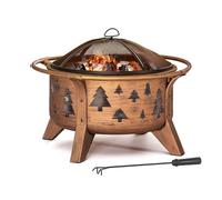 SUNJOY Foyer de Jardin, diamètre 76 cm, Brasero Rond en Acier avec Grille Pare-étincelles et tisonnier, Foyer à Bois d'extérieur pour terrasse, Couleur cuivre, Design Sapin de Noël