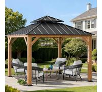 SUNJOY Pavillon Hardtop en Bois 3,3x3,3 m avec Éclairage Solaire, Toit en Acier à 4 Pans & Lanterneau en Polycarbonate, Résistant à la Neige, Pavillon d'Extérieur Permanent pour Terrasse