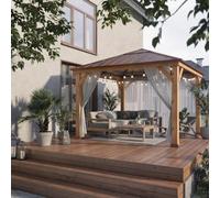 SUNJOY Tonnelle Bois Hardtop 336x336 cm, Structure en Cèdre Naturel, Toit Acier et Lanterneau Polycarbonate, Pavillon Extérieur Permanent, Résistance Neige et Vent, pour Jardin, Terrasse for Garden