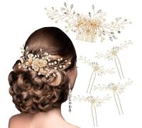 Sunkangkang Hair Comb and 4 Pins Bridal Hair Accessories, Pearl Crystal Rhinestone Wedding Hair Comb and Hair Pins for Brides Bridesmaids Women Girls (Gold, 5 Pieces)