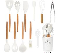 Sunkangkang Lot de 12 ustensiles de cuisine blancs en silicone avec poignée en bois (convient au lave-vaisselle) 200 °C résistant à la chaleur