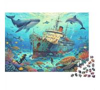 Sunken Shipwreck 1000 pièces Puzzle Recycled Whales Turtles Puzzles Seniors Accessoires de Jeu de fête Développement de l'intelligence des garçons et des Filles Educational Amusant 52x38cm/1000pcs