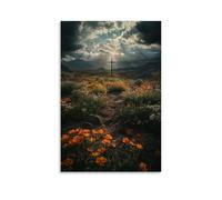 Sunlight Breaks Through Dark Clouds, Illuminating A Lone Cross at The Center of A Burnched Valley, Entouré de fleurs en fleurs. Décoration murale contemporaine - Poster décoratif à suspendre 50,8 x