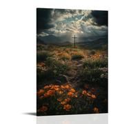 Sunlight Breaks Through Dark Clouds, Illuminating A Lone Cross at The Center of A Burnched Valley, Entouré de fleurs en fleurs. Décoration murale contemporaine - Poster décoratif à suspendre - 20,3 x