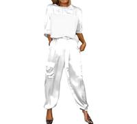 Sunlighty Ensemble haut à manches mi-longues et pantalon en satin lisse, tenue d'été décontractée 2 pièces pour femmes, ensemble jogging à manches courtes (blanc, 5XL), blanc