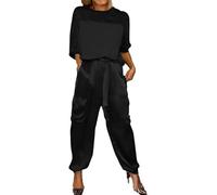 Sunlighty Ensemble haut et pantalon en satin lisse pour femme, tenue décontractée en satin 2 pièces, jogging à manches courtes, Noir , M