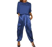Sunlighty Ensemble haut et pantalon en satin lisse pour femme, tenue décontractée en satin 2 pièces, jogging à manches courtes, bleu, 5XL