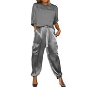 Sunlighty Ensemble haut et pantalon en satin lisse pour femme, tenue décontractée en satin 2 pièces, jogging à manches courtes, gris, L