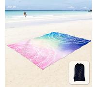 Sunlit Couverture de Plage Douce et Soyeuse, Tapis Anti-Sable avec Poches d’Angle, Sac en Maille, pour fête de Plage, Voyages, Camping et Festival de Musique - Mandala, Bleu et Rose, 270 x 205 cm