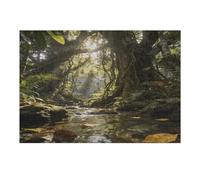 Sunlit Jungle Stream with Wildlife Puzzle en bois avec boîte de rangement - Puzzle en bois respectueux de l'environnement pour les loisirs à la maison, le soulagement du stress et la décoration - 300