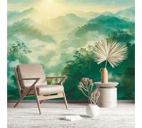 Sunlit - Papier peint mural brumeux de forêt tropicale de montagnes tropicales, grand mur complet de nature luxuriante, papier peint autocollant de taille personnalisée, papier peint amovible pour