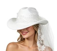 Sunlitpqrny Chapeau Cowgirl Blanc Mariée | avec Un Voile Blanc d'EVJF - Chapeau De Cowboy Mariage | pour Anniversaire Robe Douche Plage Été Femme
