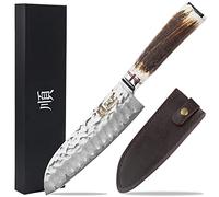Sunlong Couteau Santoku 17,78cm Couteau de chef - Acier damas japonais - Poignée naturelle de cerf